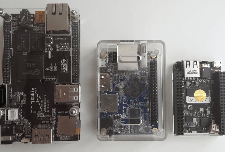 Size comparison of a Cubieboard, OrangePi One, and CHIP.